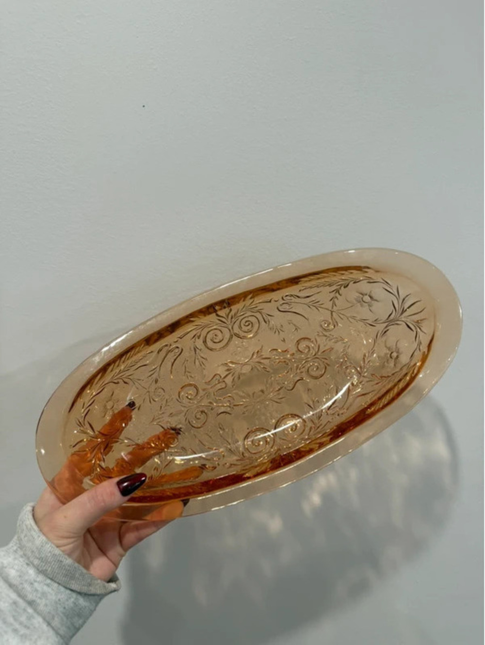 Vintage Amber Depression Glass Floral Scroll Oval Serving Tray